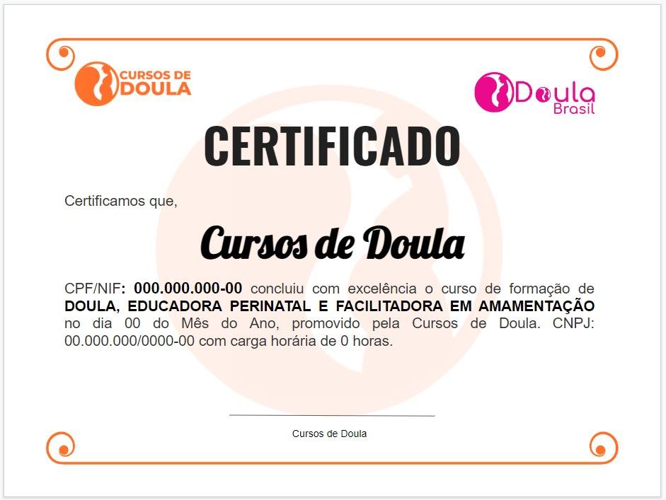 Certificado de curso de doula com carga horária de 120 horas