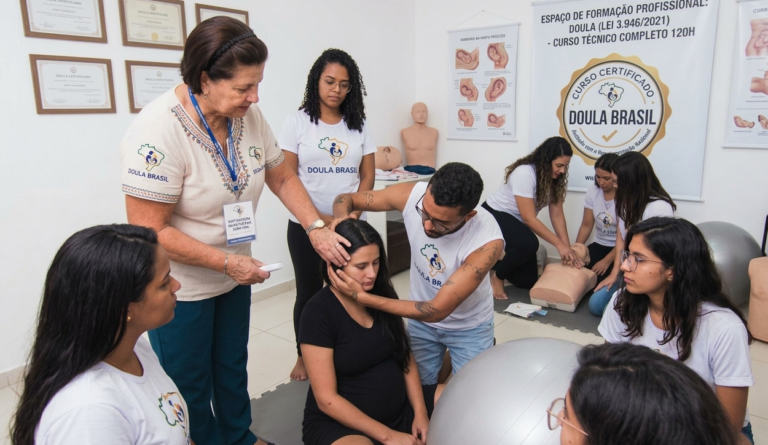 Alunas em treinamento prático de doulagem no curso Doula Brasil, com banner ao fundo mencionando a regulamentação da lei 3.946/2021 e carga horária de 120 horas.